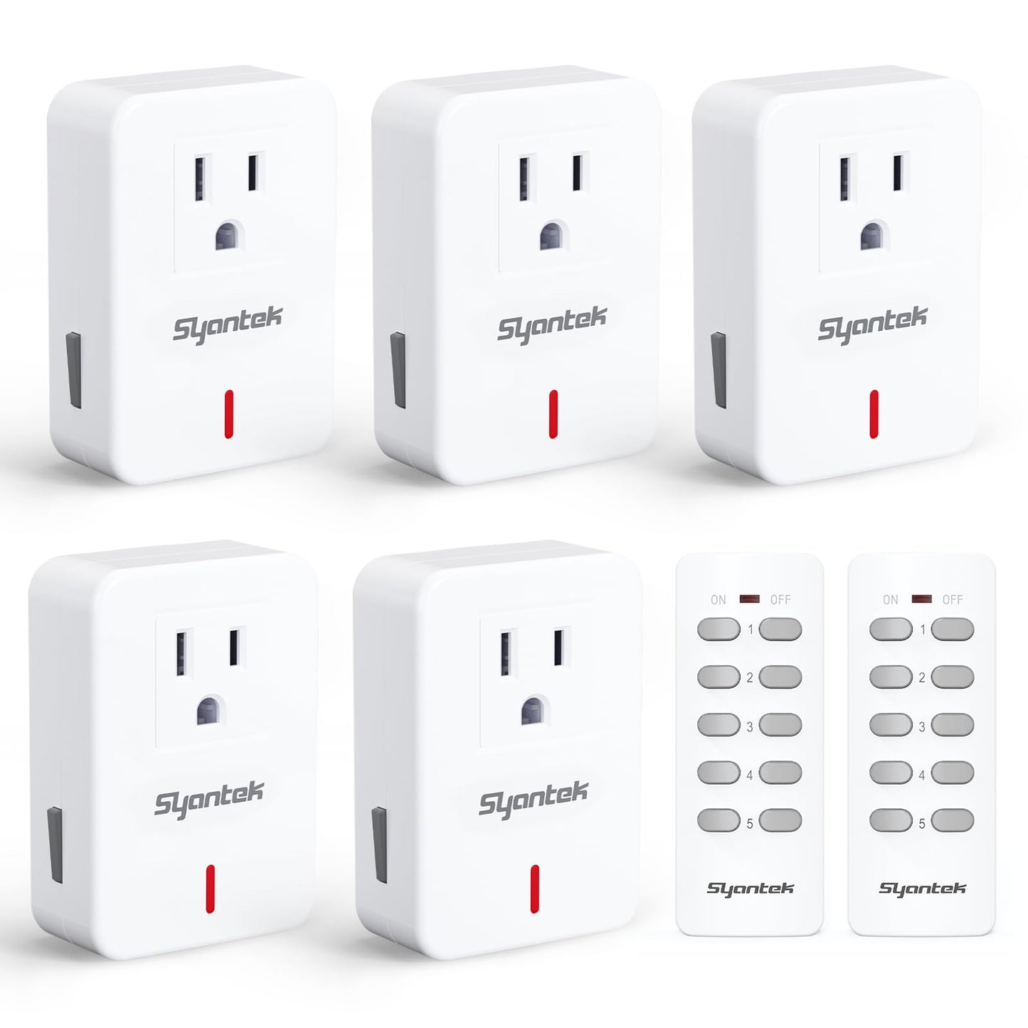 Remote Control Outlet Wireless Light Switch for Household Appliances, Expandable Remote Light Switch Kit, Up to 100 ft Range, White (5 Outlets + 2 Remotes)