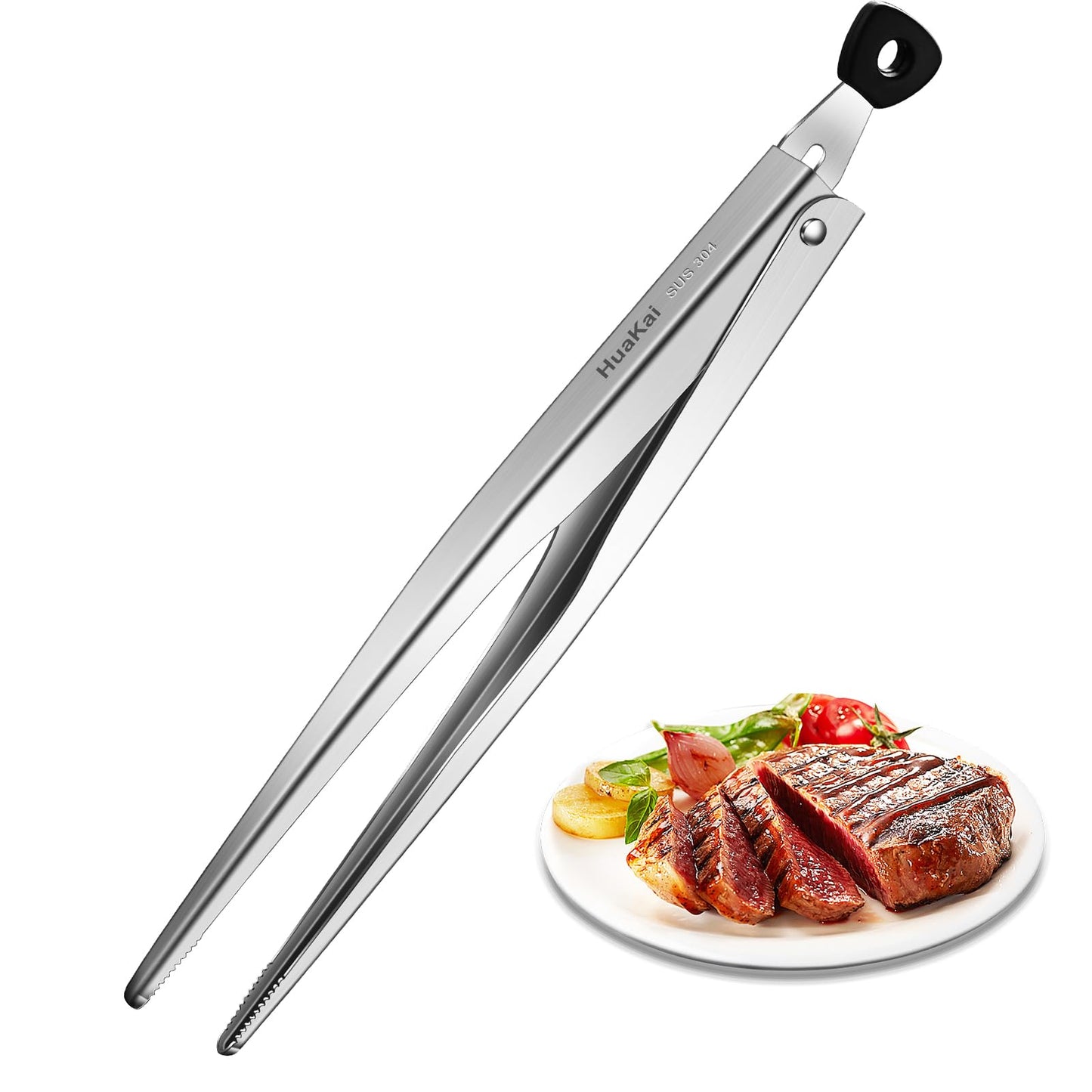 Huakai Locking Stainless Steel Kitchen Tongs, 12-inch Grill Tongs,Heat-Resistant up to 600°C, Precision Serrated Tip Design,Easily Grab and Flip Toss Steaks, Bread, Pizza, Salads, and Grilled Foods