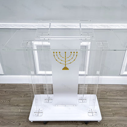 LaseVe Podium Podium Acrylic Lectern Pulpit Luminous Podium, Welcome Podium, Reception Chair Podium Conference Stage,Clear Rolling Podium Floor Podium with Light,Clear