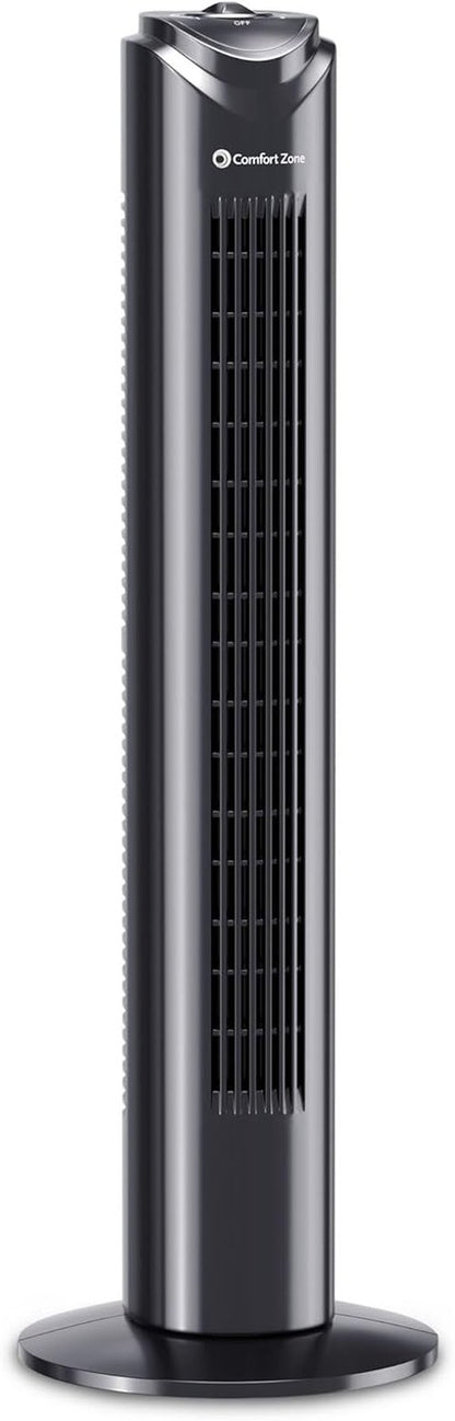 Comfort Zone Oscillating Tower Fan - Ultra-Slim Bladeless Design with 3 Speeds & 90° Oscillation | Quiet Portable Fan for Home or Office, Black