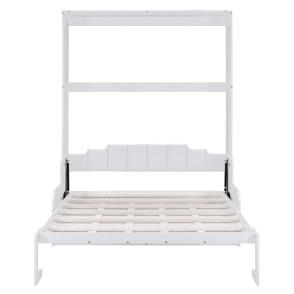 Merax Queen Size Murphy Bed Frame, Modern Wall Bed Can Be Folded into Cabinet, Chair with Cushion, White