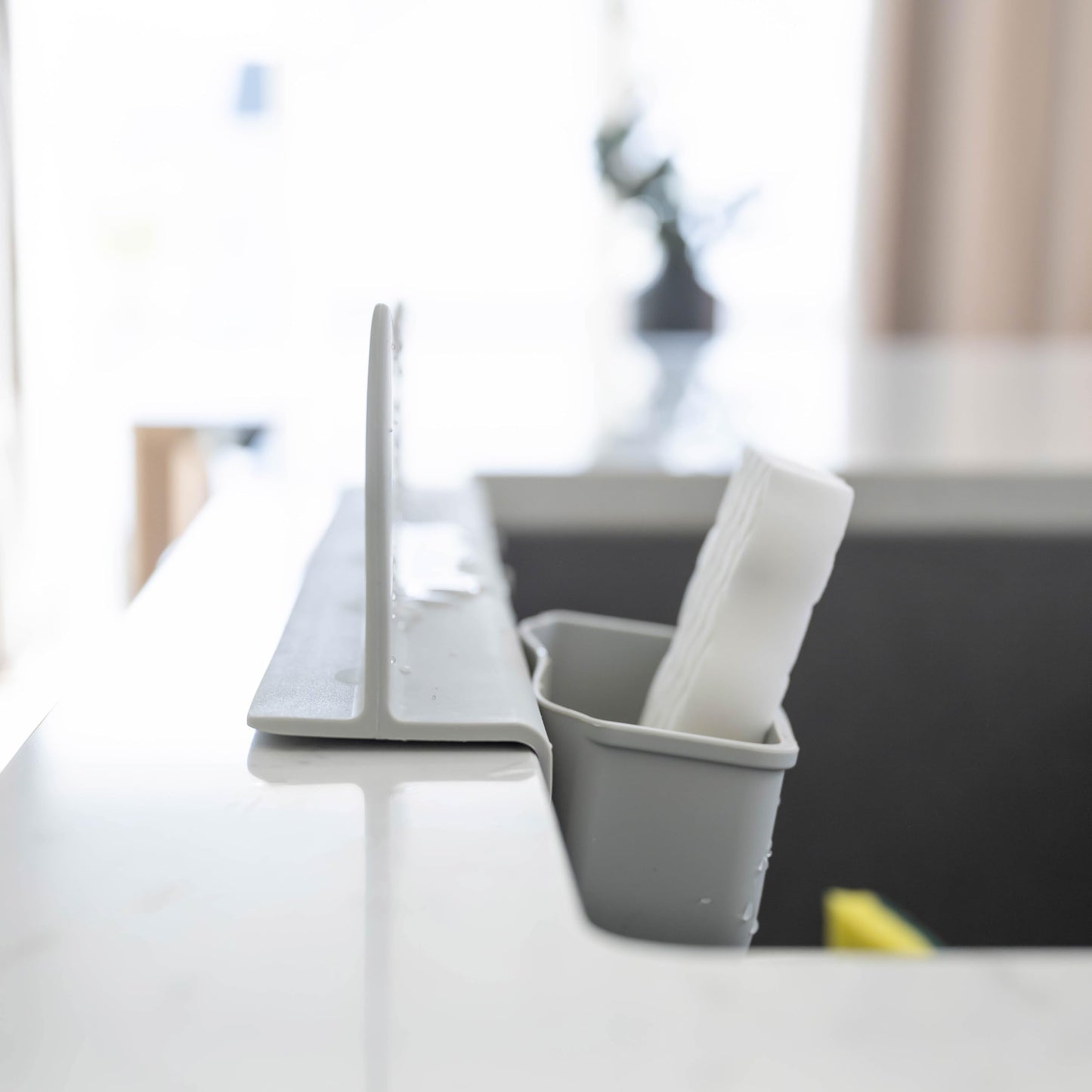 Silicone Sink Splash Guard with Sponge Holder -19.5" x 4.5" x 2.5",- Strong Suction - Sink Edge Protectors for Kitchen Sink - Kitchen Sink Splash Guard - Gray