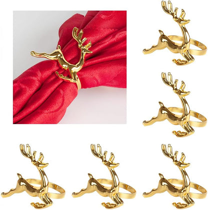 6Pcs Gold Deer Napkin Rings, Elk Chic Napkin Ring Holder for Christmas, Thanksgiving, Holiday Gatherings, Dinner Parties