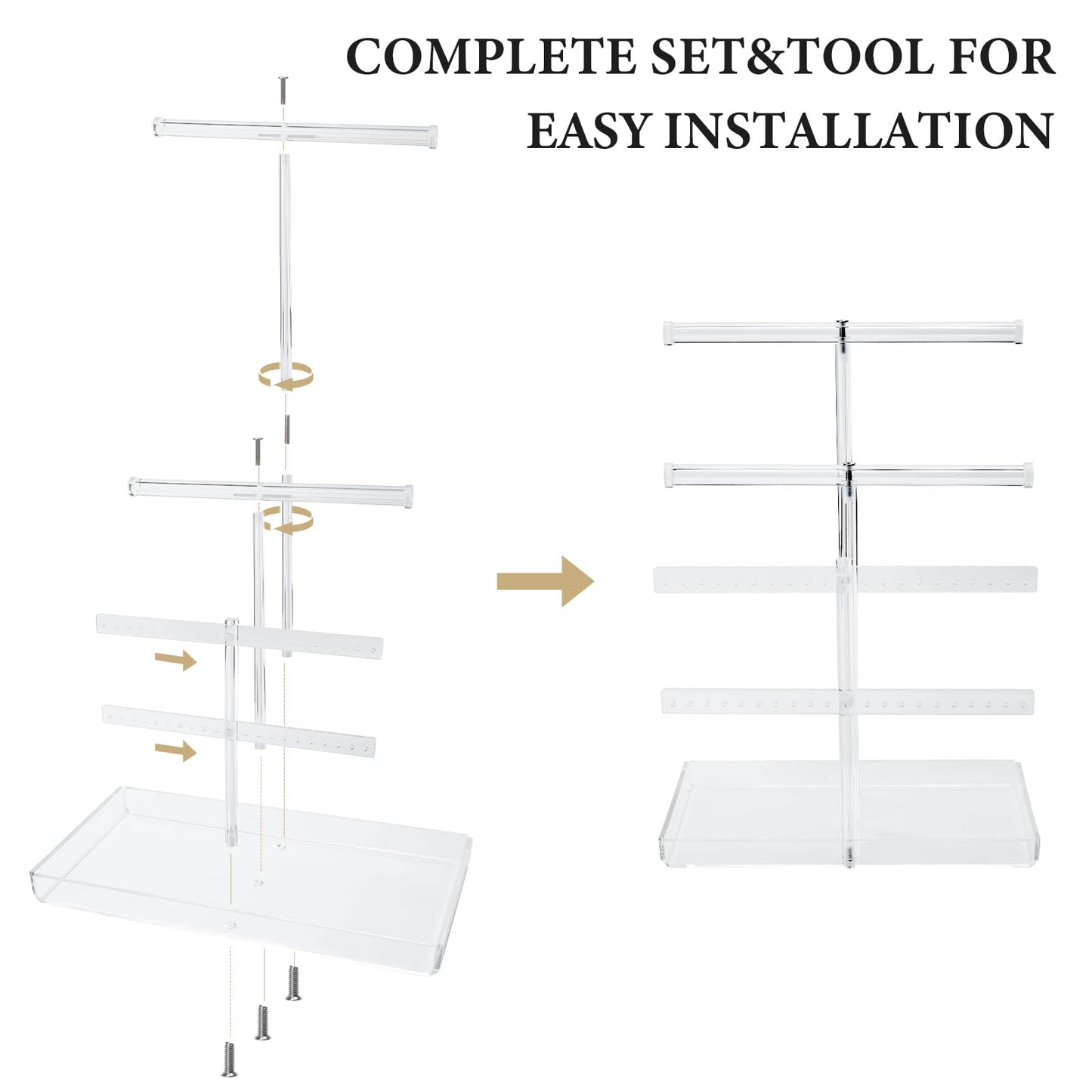 Acrylic Jewelry Organizer Stand with Tray, 4-Tier 14" Tall Tangle-Free Clear Jewelry Display Holder for Hanging Long Necklaces & Bracelets, 40 Earring Holes, Tower Tray Storage for Rings Watch Perfum