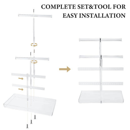 Acrylic Jewelry Organizer Stand with Tray, 4-Tier 14" Tall Tangle-Free Clear Jewelry Display Holder for Hanging Long Necklaces & Bracelets, 40 Earring Holes, Tower Tray Storage for Rings Watch Perfum