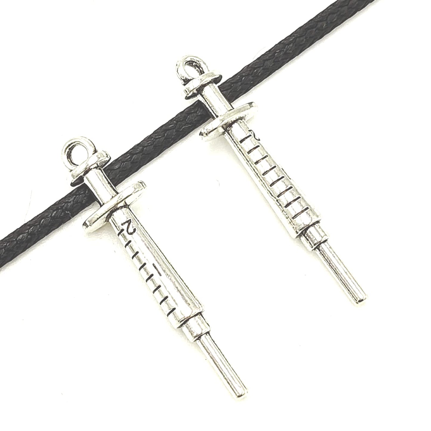 YOOGCORETT 15pcs Alloy Charms Syringe Pendants Beads Nurse Medical Theme Charms Bulk Silver Jewelry Making for Necklace Bracelet DIY Craft Findings Supplies Making 36 X 9mm (Ancient Silver)