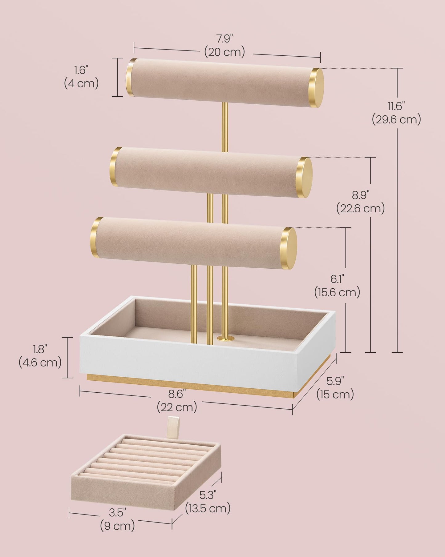 SONGMICS Bracelet Holder Stand, Jewelry Display Stand, Jewelry Organizer, with 3 Tiers and Velvet Tray, Removable Ring Holder, Cloud White and Camel Brown UJJS027A01