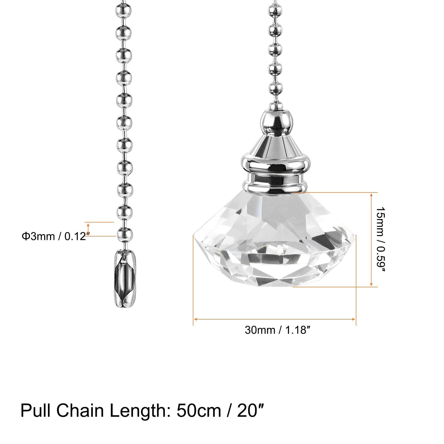 uxcell 20 Inch Ceiling Fan Pull Chain, Decorative Crystal Fan Pull Chain Ornament Extension, 3mm Diameter Beaded Diamond Pendant, Clear 2Pcs