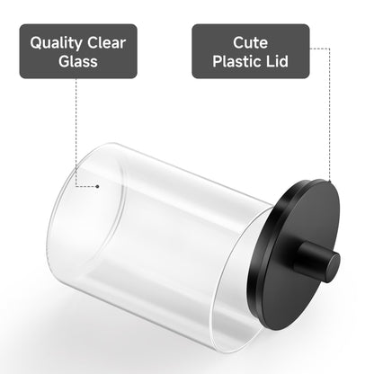 TIPGO Glass Qtip Holder Dispenser - 10 oz Clear Canister Apothecary Jar, Bathroom Vanity Storage Organizer Set for Cotton Swabs, Pads, Floss Picks, Small Containers for Makeup Storage (4 Pack, Black)