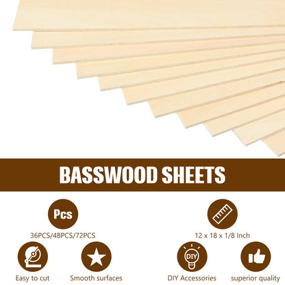 Riakrum Basswood Sheets Plywood Board Unfinished Wood Boards for Crafts for DIY Laser Projects Architectural Mini House Building Hobby Model Making(12 x 18 x 1/8 Inch,72)
