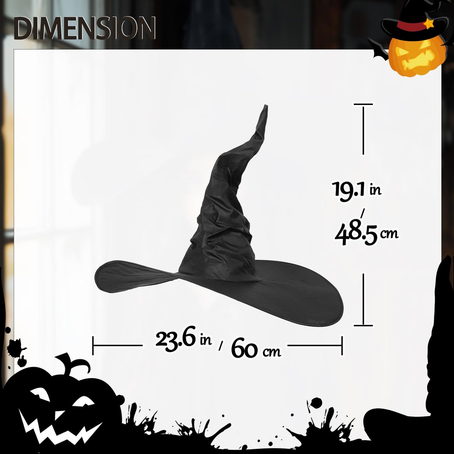 JEGERMIG Women's Black Masquerade Ruched Witch Hat Oversized Witches Hats Wide Brim Party Accessory