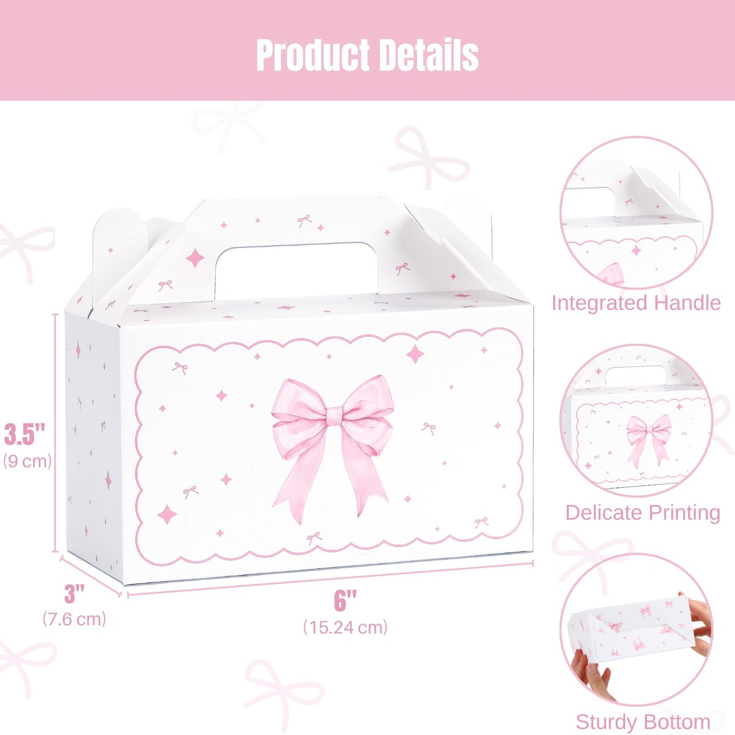 48 Count Pink Bow Treat Boxes Party Favors - 6x3.5x2.9 Inch Goodie Gift Boxes, Cute Bow Themed Candy Dessert Boxes for Birthday, Bridal & Baby Shower, Bachelorette, Engagement Party Supplies,4 Assorted Designs
