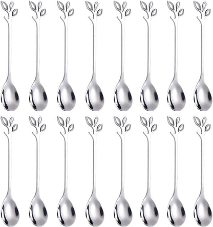 AnSaw 16-Pieces 4.7-Inch Small Coffee Spoons with Leaf Handle, Silver