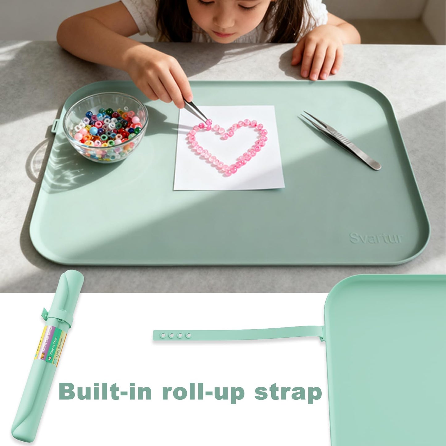 Silicone Craft Mat 24" x 16" with Raised Edge, Roll-Up Design with Storage Strap, Multi-Purpose Desk & Table Protector Silicone Art Mat for Crafts, Painting & DIY, Light Green