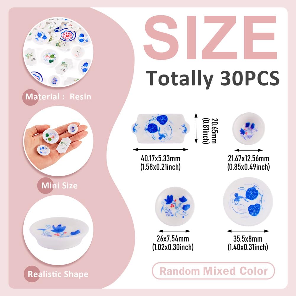Beadthoven 30Pcs Blue and White Porcelain Plates Resin Miniature Dollhouse Tray Cute Mini Food Dish Tray Tableware Accessory Kitchen Ornaments for Micro Landscape DIY Garden Tea Party Crafts Supplies