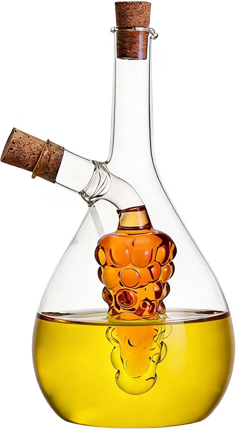 2 1 ELETON Grape Motif in Glass Oil and Vinegar Dispenser Dual Chamber Cruet Bottle for Olive Oil & Balsamic, Leakproof