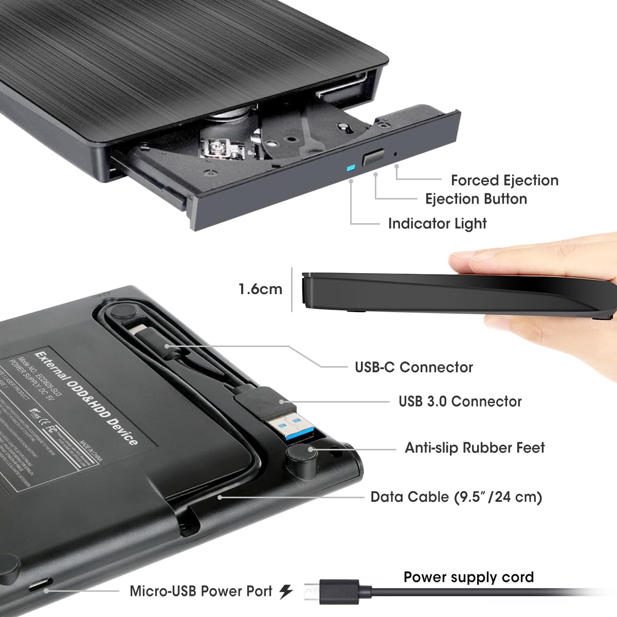 ROOFULL External CD DVD +/-RW Drive for Laptop Mac, USB 3.0 & USB-C CD DVD Disc Reader Writer Burner CD-ROM Portable DVD Player with Carrying Case for Windows 11/10 PC MacBook Pro Linux Computer
