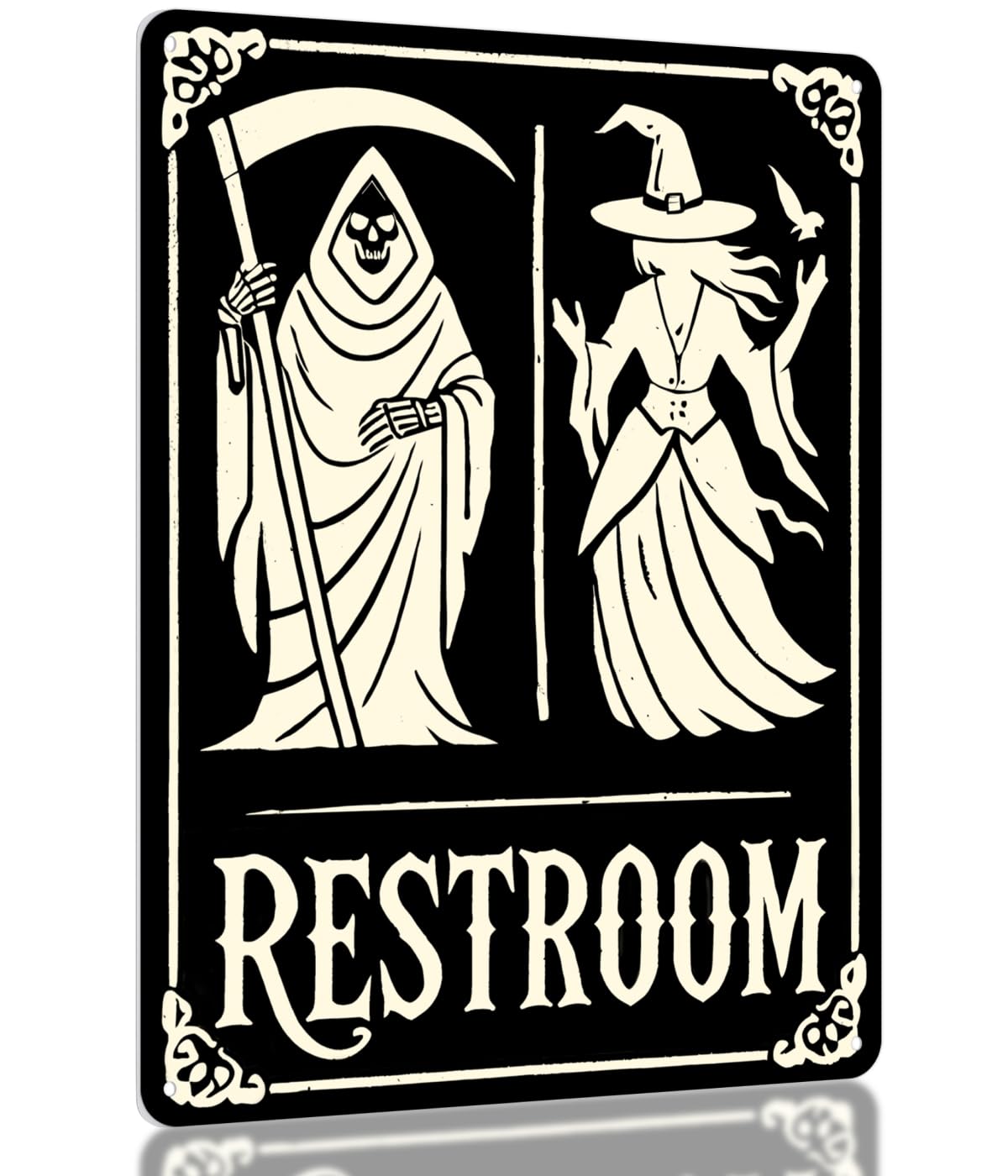 Halloween Bathroom Decor Sign – Grim Reaper & Witch Wall Art, Spooky Restroom Decor, Funny Gothic Metal Plaque 11x8.3 in, Occult, Witchy, Horror Home or Goth Bathroom Decor by Opix Design