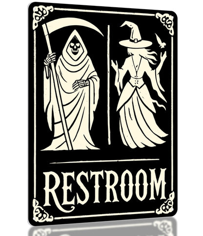 Halloween Bathroom Decor Sign – Grim Reaper & Witch Wall Art, Spooky Restroom Decor, Funny Gothic Metal Plaque 11x8.3 in, Occult, Witchy, Horror Home or Goth Bathroom Decor by Opix Design