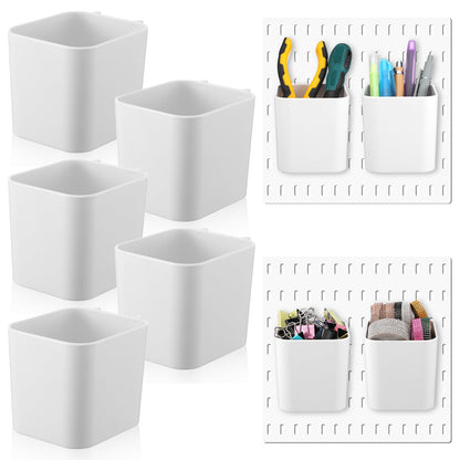 xozeooeu 5 Pcs Pegboard Cups with Hooks, White Peg Board Organizer Bins, 3.35x2.76x3.1 Inch Storage Containers for Garage Workshop Office
