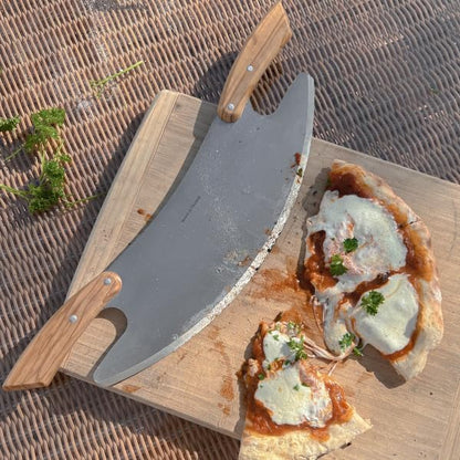 17” Pizza Cutter Rocker Blade - Stainless Steel Slicer with Double Olivewood Handles for Easy Cutting - Large Mezzaluna Chopper - Pizza Oven Accessories by Classic Cuisine