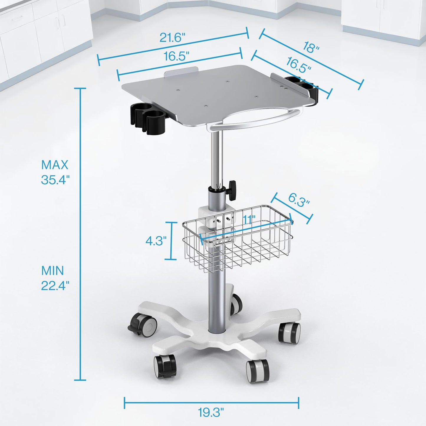 Medical Mobile Trolley Cart with Wheels - Height Adjustable Stainless Steel Dental Cart Rolling Desktop with 16.5"× 16.5" Large Tabletop for Dental Offices, Hospitals, Labs