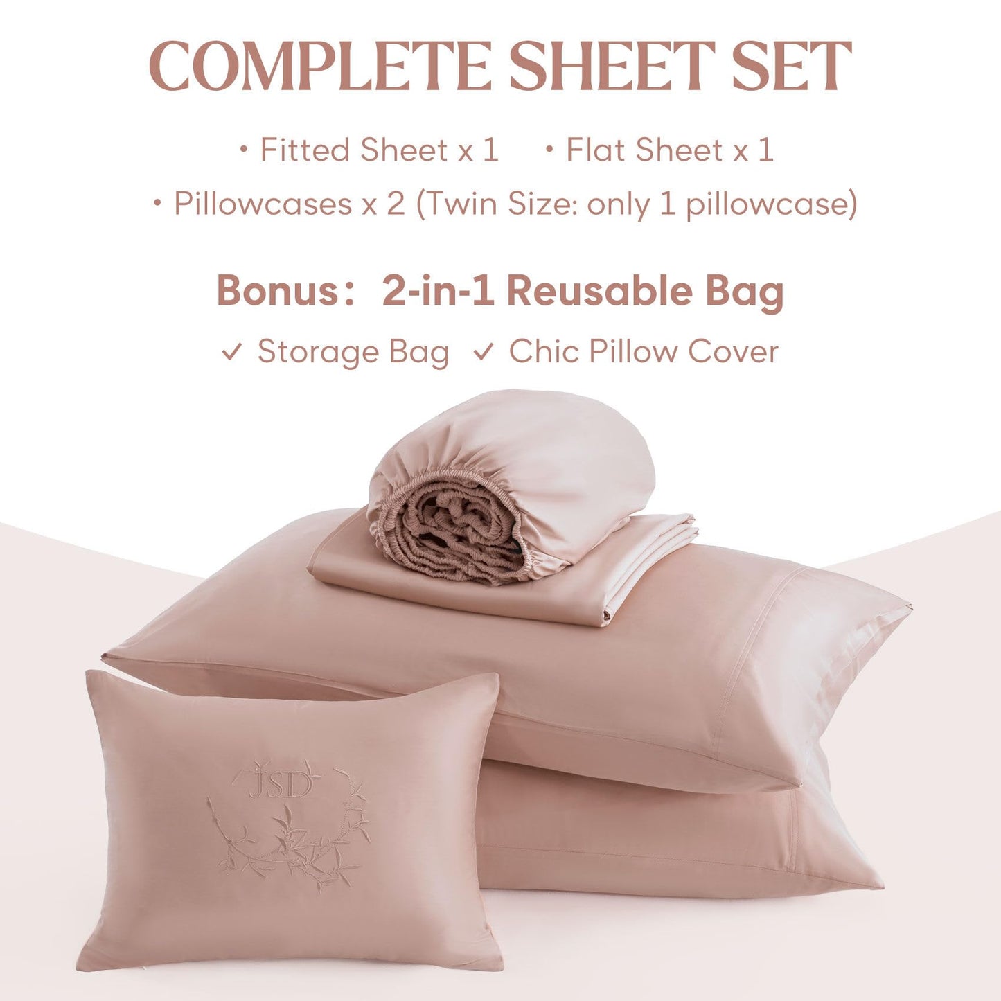 JSD Dusty Pink 100% Viscose Derived from Bamboo Sheet Set Queen, Cooling Sheets for Hot Sleepers, 300TC Sateen Weave, 16" Deep Pocket Corner Straps, Soft Silky Breathable