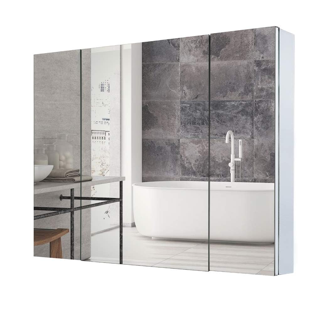 Movo Double Doors Medicine Cabinet with Mirror, 36 inch X 26 inch Aluminum Bathroom Medicine Cabinet, Adjustable Glass Shelves, Waterproof and Rust-Resist, Recess or Surface Mount Installation,Silver