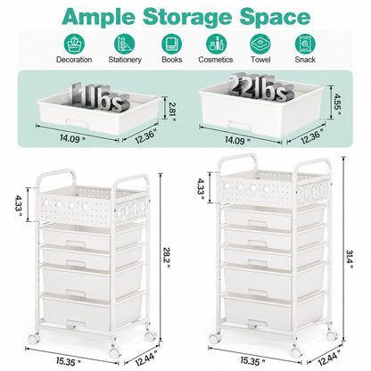 SYKIARIOL 4 Drawer Rolling Storage Cart with Pegboard Top and Hooks, Mobile Organizer Cart with Wheels for Office Supplies, Craft Storage, Classroom Organization, Home Utility Cart, White