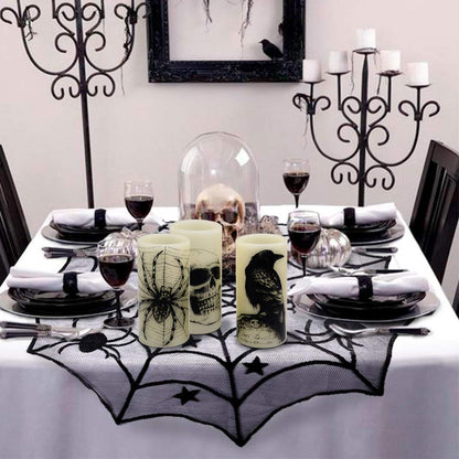 Wondise Halloween Flickering Flameless Candles with 6hrs Timer, Battery Operated LED Real Wax Candles Set of 3 Skull, Spider Web, Crow Raven Decals Halloween Home Decoration Gifts(3 x 3 x 6 Inch)