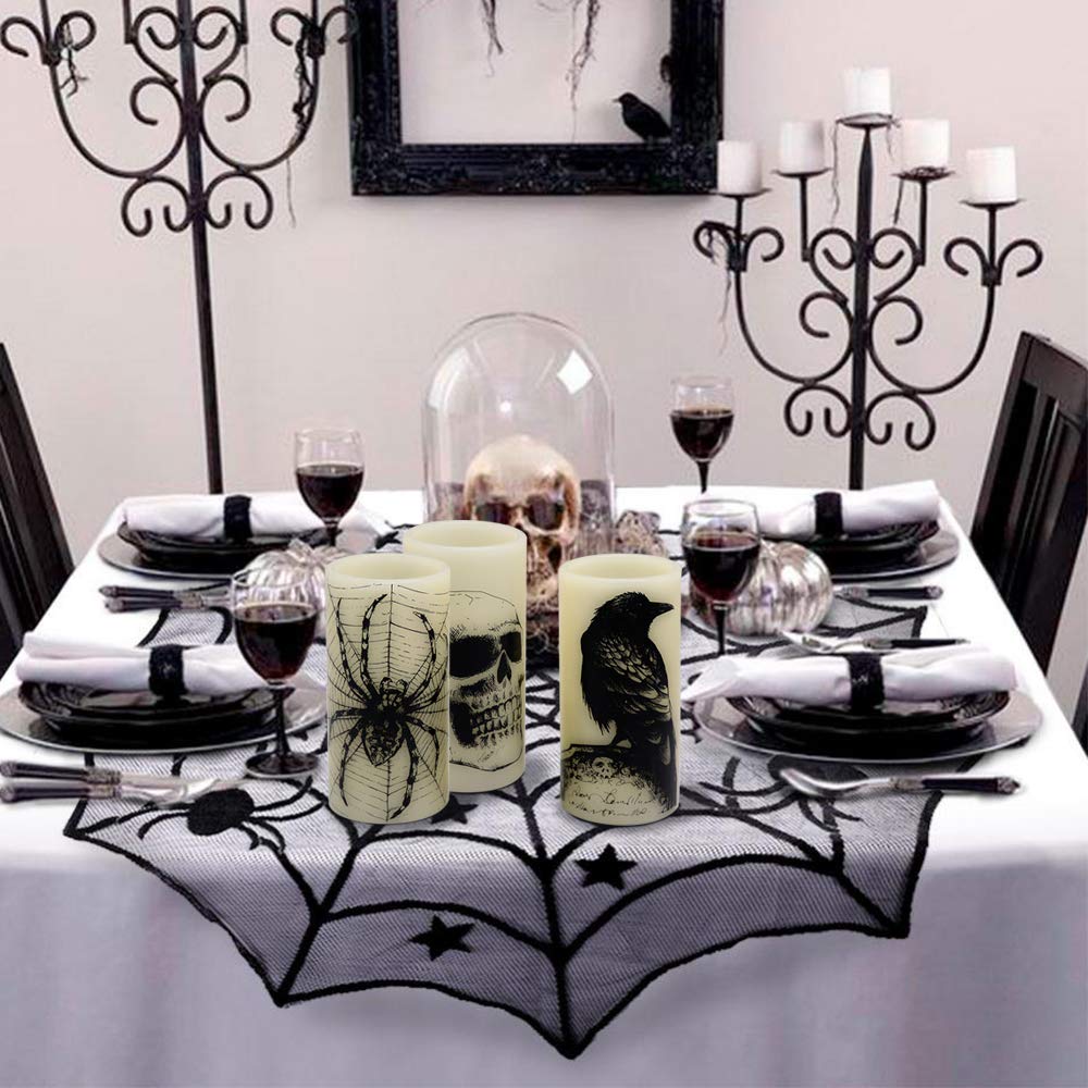 DRomance Halloween Flameless Flickering Candles Battery Operated with 6 Hour Timer White Real Wax Spooky LED Pillar Candles Skull Spider Crown Decals Hallloween Indoor Decor(3 x 6 Inches)