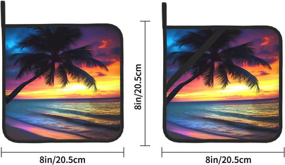 Potholders, Sunset Coconut Palm Tree on Beach, Blue Ocean Baking Pot Holder, 2-Piece Set