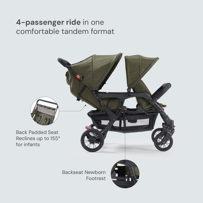 Familidoo H4E Quad Lidoo Lite 4-Seater Stroller Wagon for Kids, Lightweight & Foldable with Reclining Seats, 5-Point Harness, Double Canopy & Rain Cover (Olive)