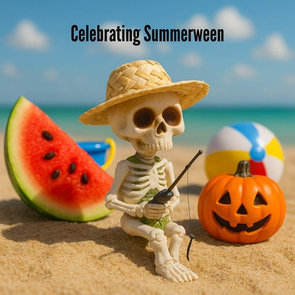 BILICAM Mini Skeleton Fishing Figurine – 4.5” Gothic Summerween Decor for Outdoor Pond, Halloween Poolside Table, or Spooky Cocktail Cup | Cute Skull Statue for Goth Garden & Halloween Party Display