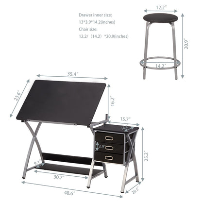 Adjustable Drafting Table for Artists with Stool, Sturdy X-Cross Metal Frame Drawing Table with Storage Drawers, Art Desk with Tilted Tabletop, Craft Station Writing Computer Desk, Black