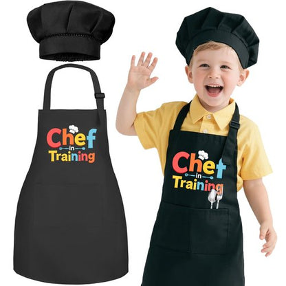 KAXAHHE Kids Chef Apron Hat Set - Adjustable Children's Cooking Apron with 2 Pockets, Black, for Boys Girls Age 3-8 (Chef in Training)