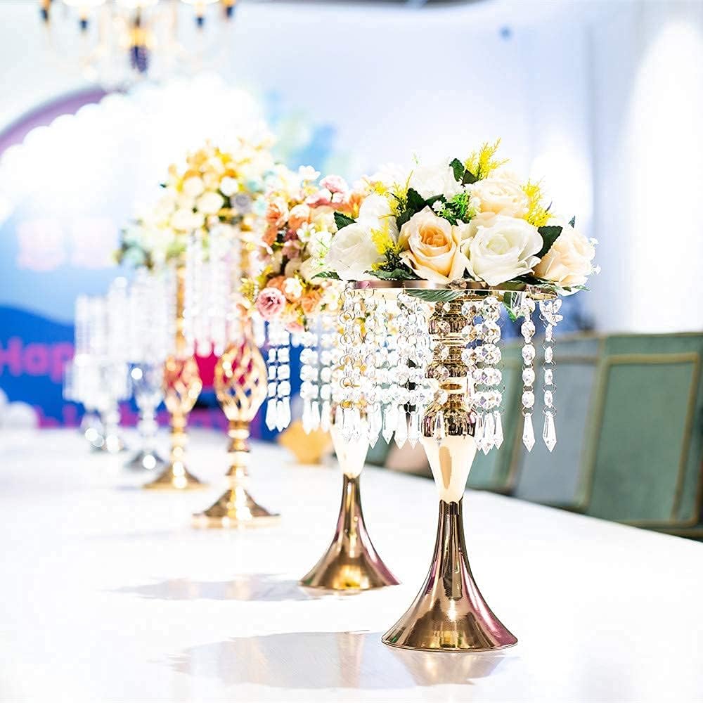 13"- 2pcs) Metal Wedding Centerpieces for Table, Crystal Flower Stands, Wedding Road Lead Flower Holders, Crystal