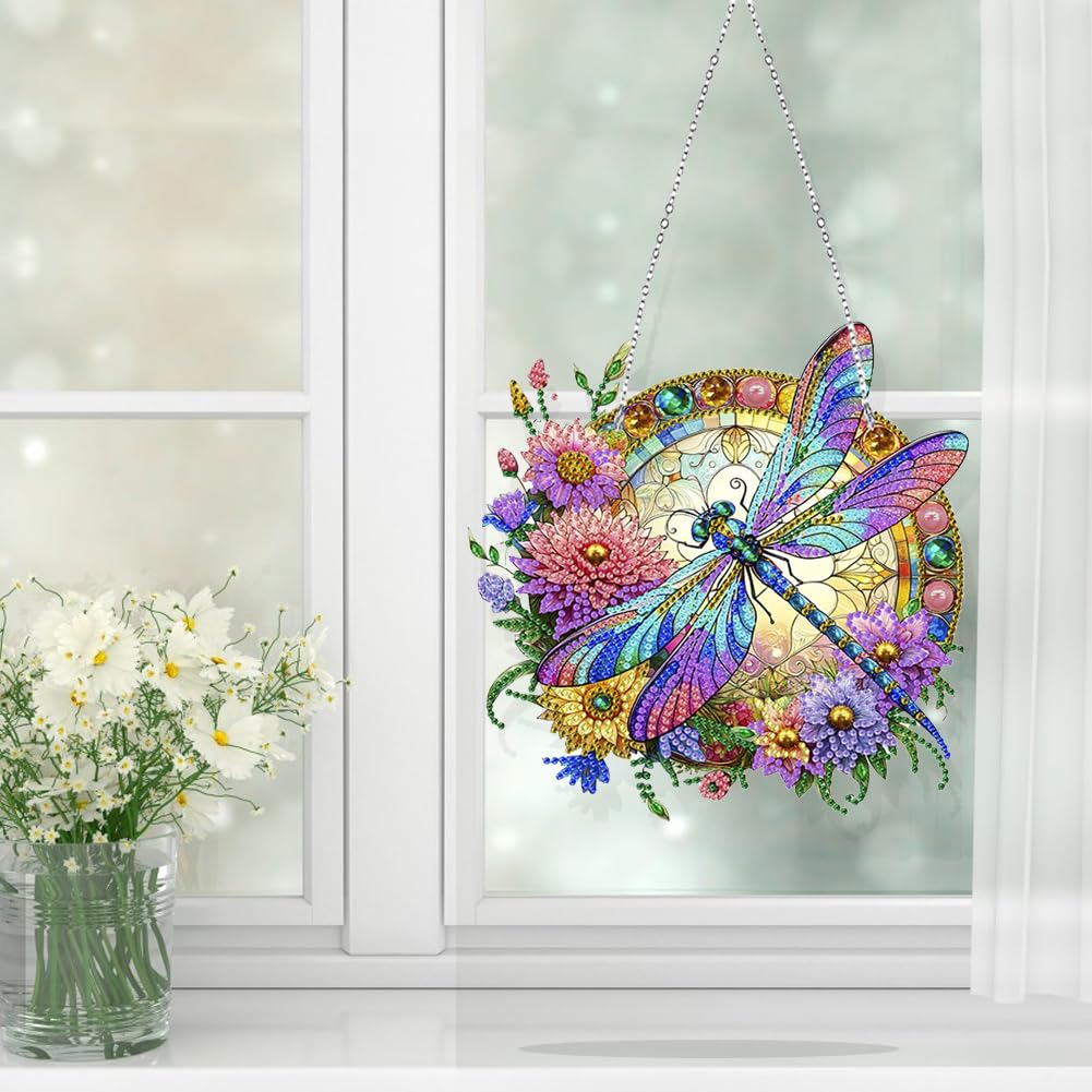 Koikify Diamond Painting Hanging Pendant Kit for Adults, Flower & Dragonfly Diamond Art Window Hanging Ornament with Double-Sided Pattern, Indoor Home Decoration and Gift