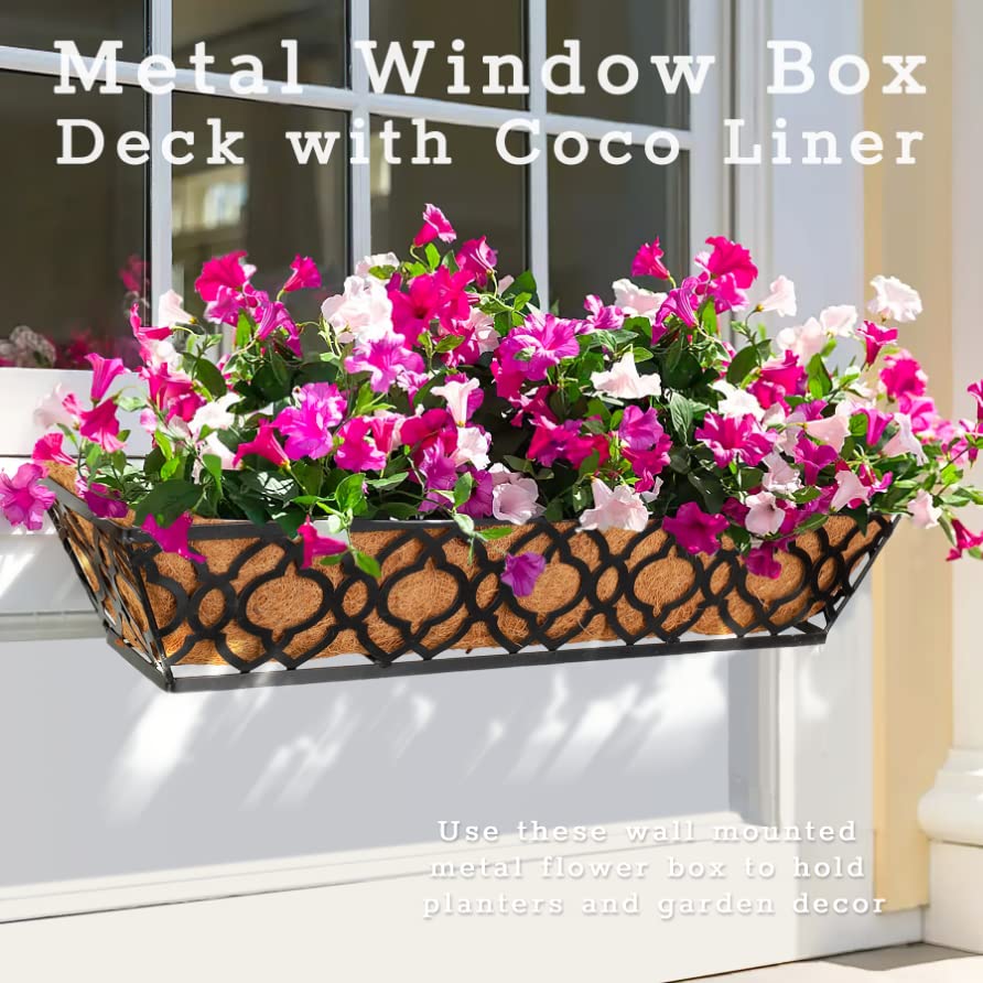 LAWYAMAI 2pcs 24 Inch Window Deck with Coco Liner, 24" Window Boxes Horse Trough with Coconut Coir Liner, Metal Hanging Flower Planter Window Basket Deck Railing Planter Boxes for Outdoor Indoor Lawn
