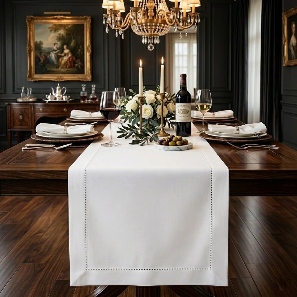 48 Inches, 100% 14 48 Inch Summer, Signature Linen by D'Moksha White Table Runner Pure Linen, Hemstitch, Coffee Table