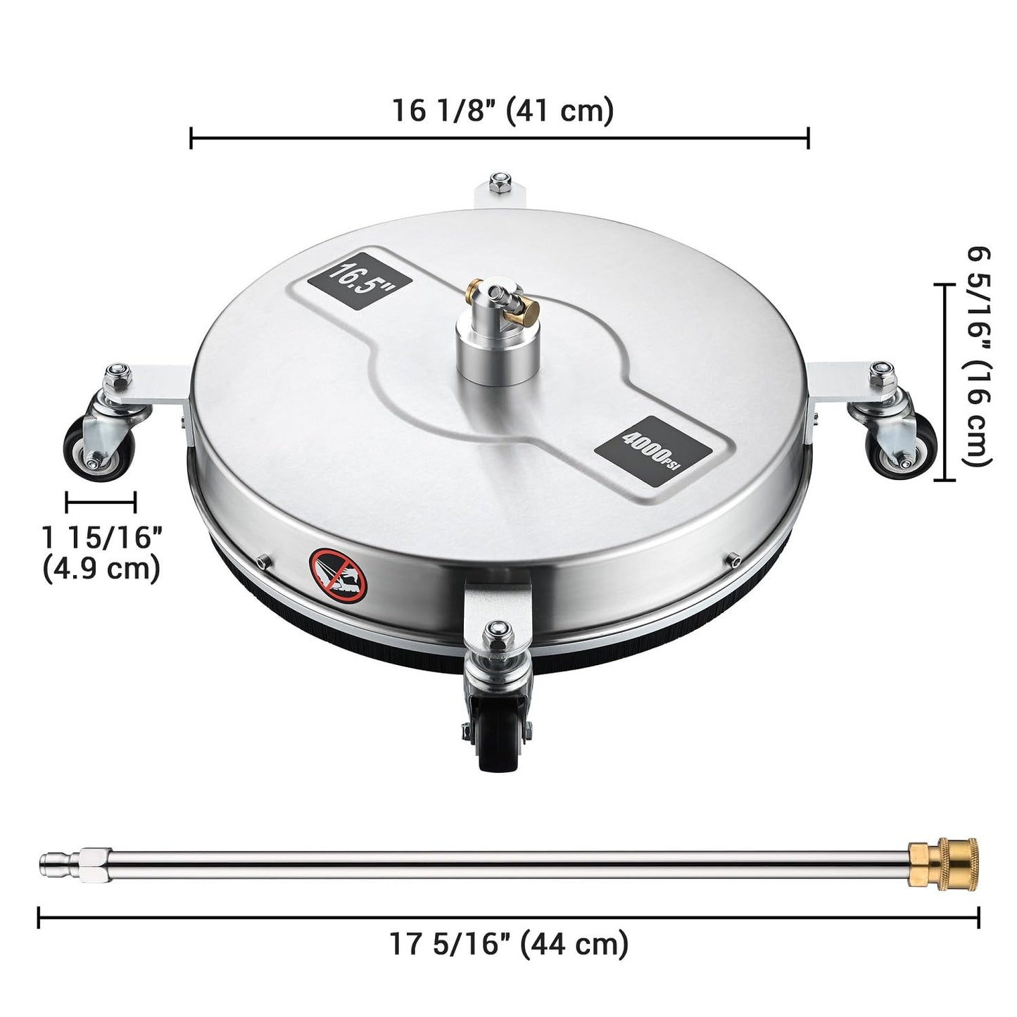 TRELVEX Pressure Washer Surface Cleaner with 4 Wheels 4000 PSI Stainless Steel Housing 1.8 to 3.7 GPM Water Flow Pressure Washer Attachment 1/4" Quick Connector for Patios, Driveways (16.5")