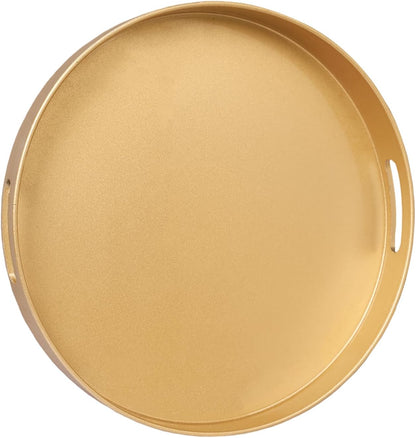 13" MAONAME Gold Round Decorative Tray for Coffee Table, Modern Serving Tray with Handles, Plastic Ottoman Trays