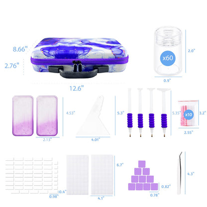 SuSentak Diamond Art Storage Containers with Dot Drill Tools,60 Slots Bead Organizer Case for 5D DIY Art Kits, Portable Craft Box for Diamond Painting Accessories (Purple)