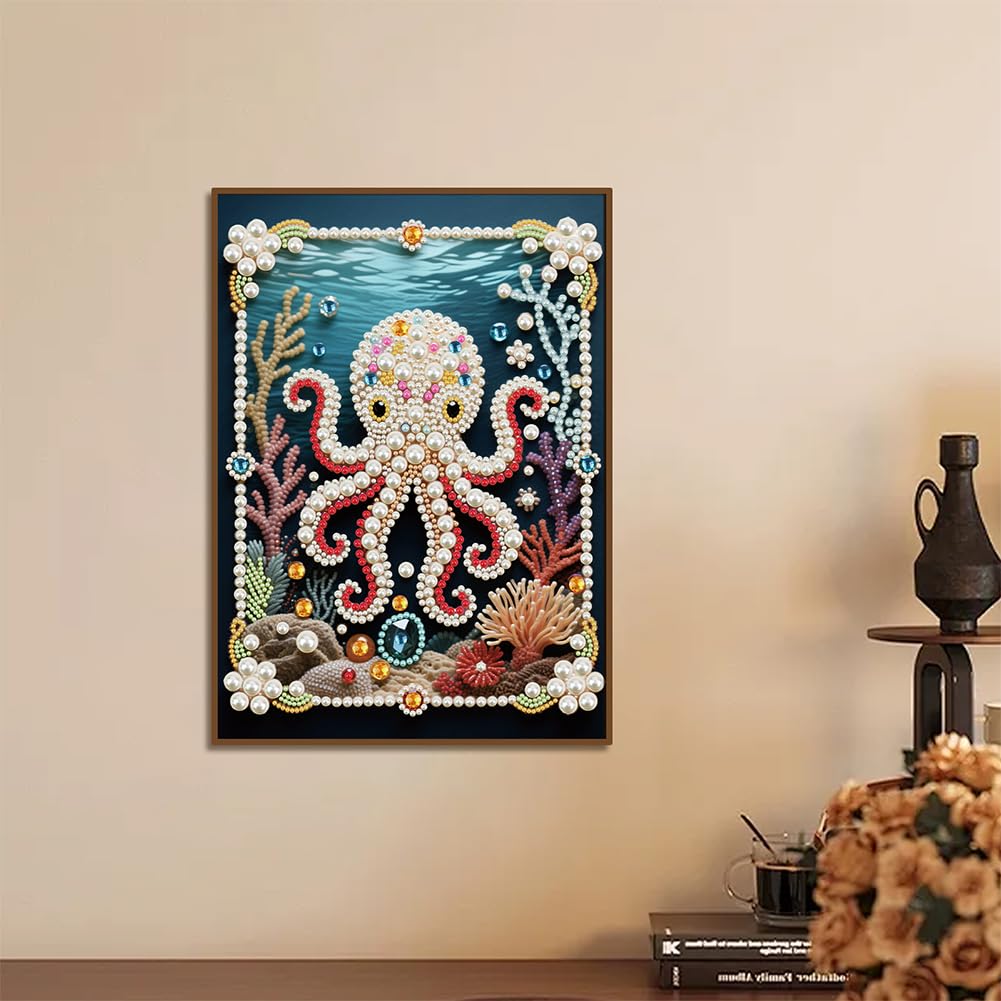Kulvci Octopus DIY 5D Pearl Painting Kit, Diamond Painting Kit for Adults Beginner, Bead Art Kits All-Pearl Dot Painting for Wall Decor, Creative Stress Relief Gift Home Decor,12 × 16 inch