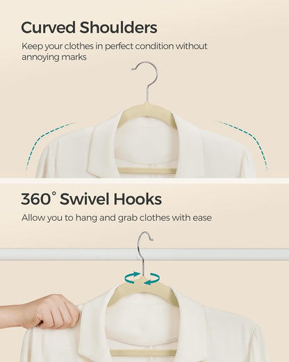 SONGMICS Velvet Hangers - 50 Pack Non-Slip Suit Hangers with Shoulder Notches & 360° Swivel Hook - Sand Beige