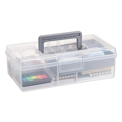 JUXYES Plastic Carry Storage Box with Removable Dividers, Clear Art Craft Supply Storage Bin Sewing Box With Handle Lid, 2 Layers Stationery Storage Case for School/Office Supplies