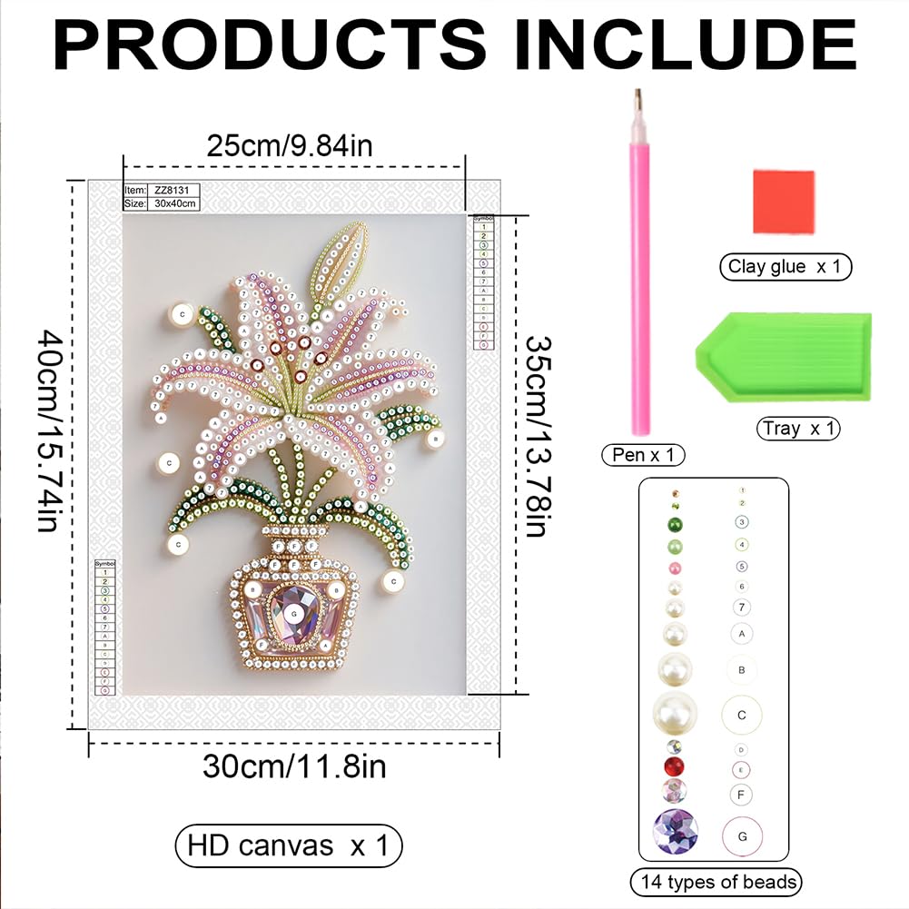 Kulvci Flower DIY 5D Pearl Painting Kit, Diamond Painting Kit for Adults Beginner, Bead Art Kits All-Pearl Dot Painting for Wall Decor, Creative Stress Relief Gift Home Decor,12 × 16 inch