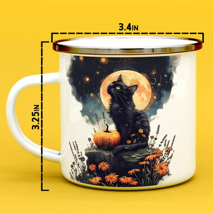 Mystical Black Cat Full Moon Enamel Camp Mug, Fall Halloween Spooky Outdoor Camping Coffee Cup, 12oz