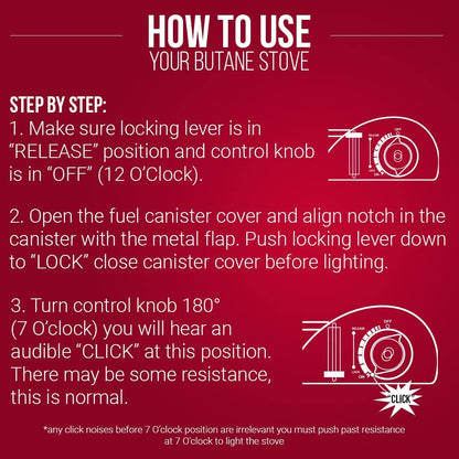 Chef Master Portable Butane Camping Stove, 7,650 BTU Output with Wind-Guard and Carrying Case for Emergencies