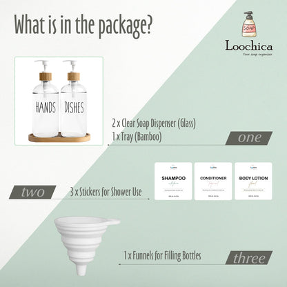 LOOCHICA Clear Glass Soap Dispenser Set with Tray, Transparent Dish and Hand Soap Dispenser Set, Refillable Reusable Apothecary Soap Pump Dispenser Bottles for Bathroom and Kitchen